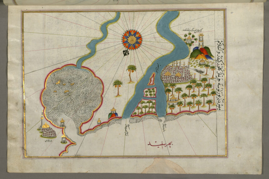 Piri Reis Map of the River Nile Estuary with the Cities of Rashid and Burullus on Each Side Walters W658306B Full Page